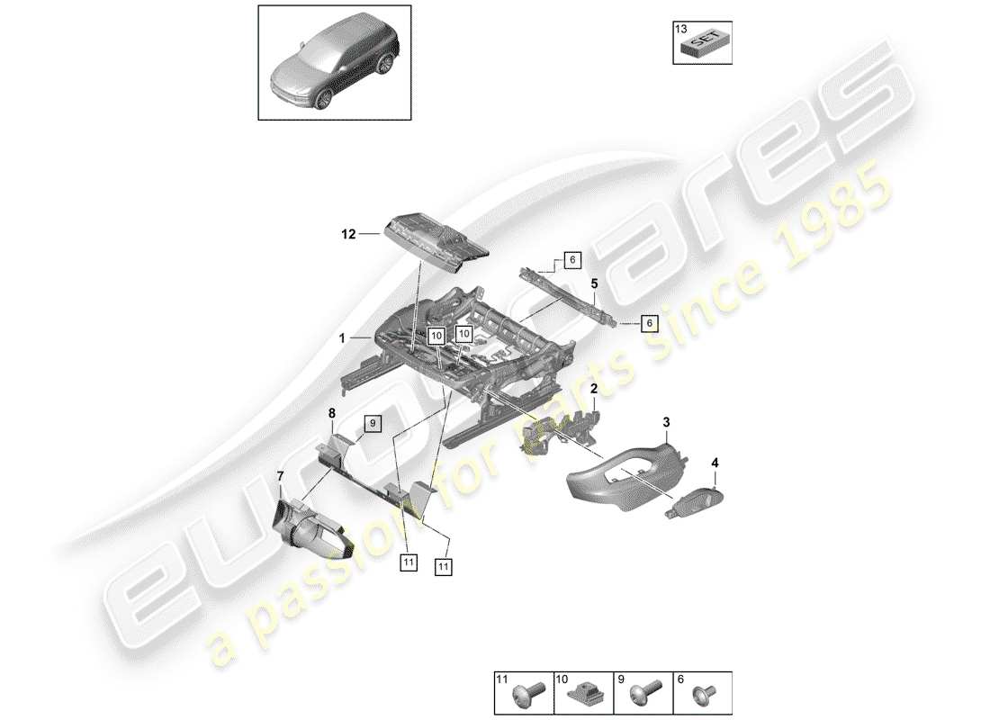 porsche 2020 (cayenne e3 9ya/9yb) seat frame comfort seat part diagram