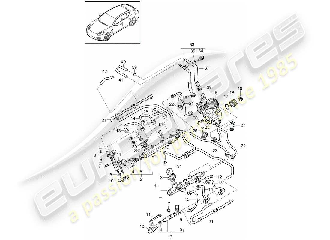 porsche 2011 (panamera 970) fuel collection pipe high-pressure injector high pressure pump part diagram