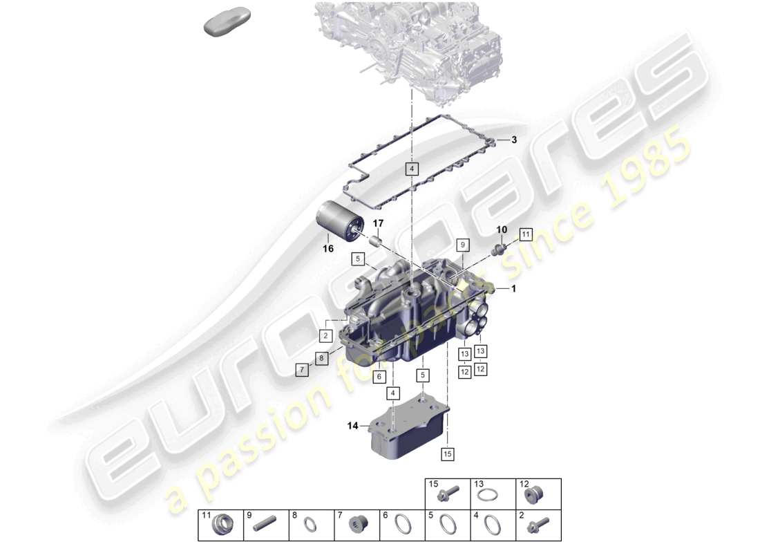 porsche 2019 (718 boxster spyder) engine (oil press./lubrica.) oil filter heat exchanger oil-conducting housing part diagram