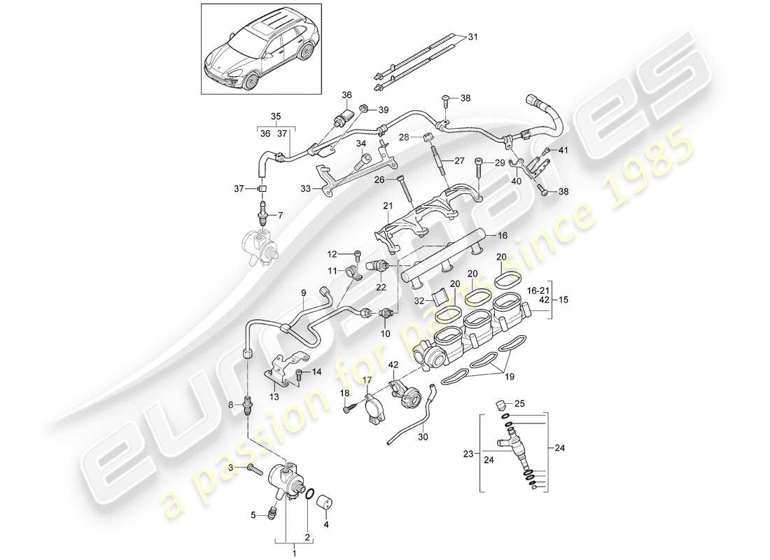 porsche 2016 (cayenne e2 92a) fuel collection pipe high-pressure injector high pressure pump part diagram