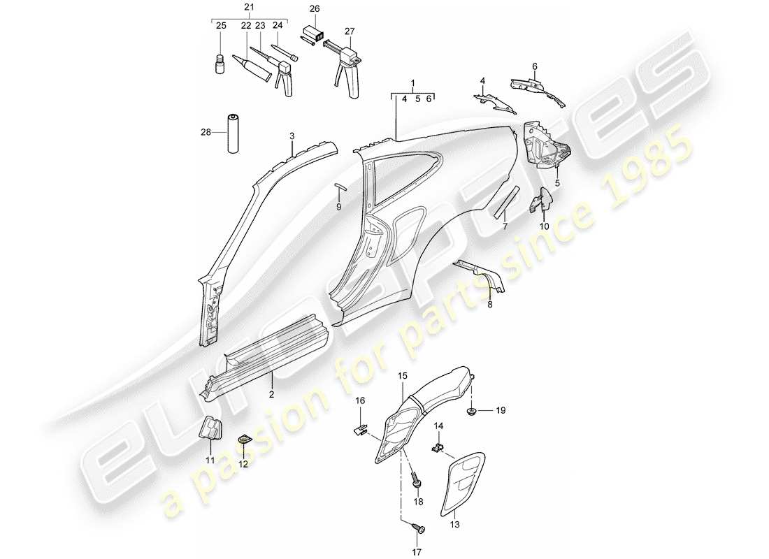 porsche 2009 997-2 turbo / gt2 side panel parts diagram