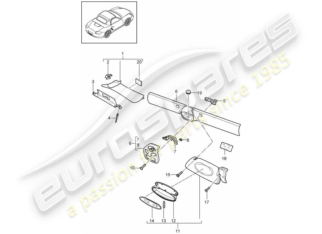 porsche 2010 (987 boxster) windshield frame sun vizors parts diagram
