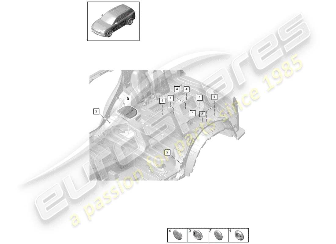 porsche 2019 (cayenne e3 9ya/9yb) bungs inner underbody rear parts diagram