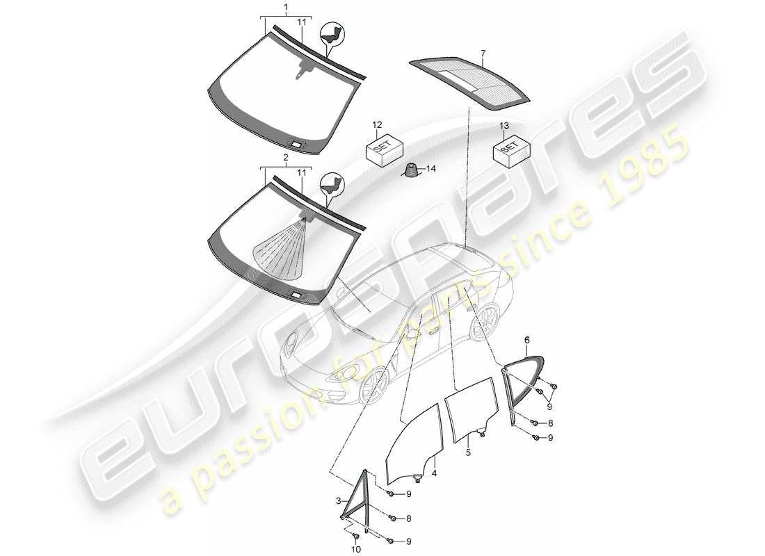 porsche 2016 (panamera 970) windscreen side window rear window d - mj 2014>> parts diagram