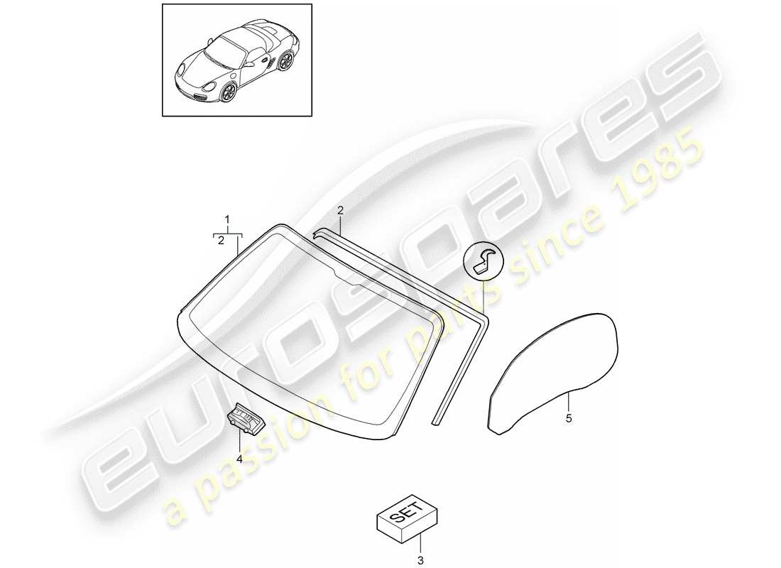 porsche 2009 (987 boxster) windscreen side window parts diagram