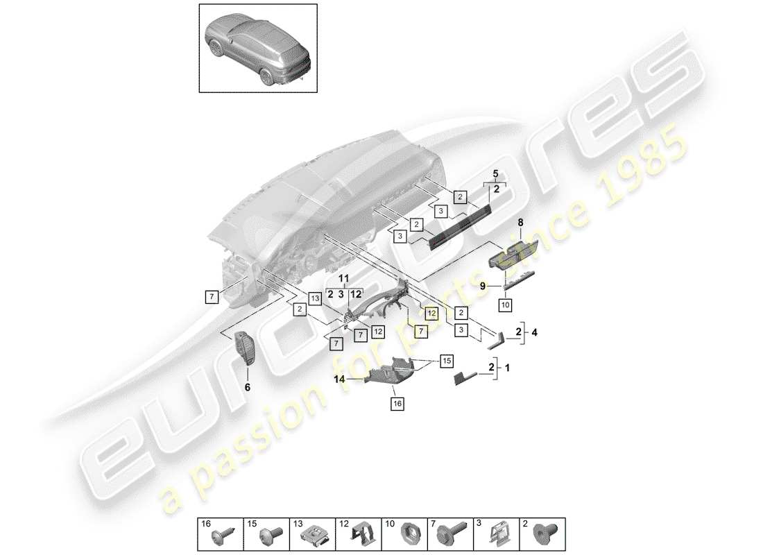porsche 2018 (cayenne e3 9ya/9yb) instrument panel trim front accessories parts diagram