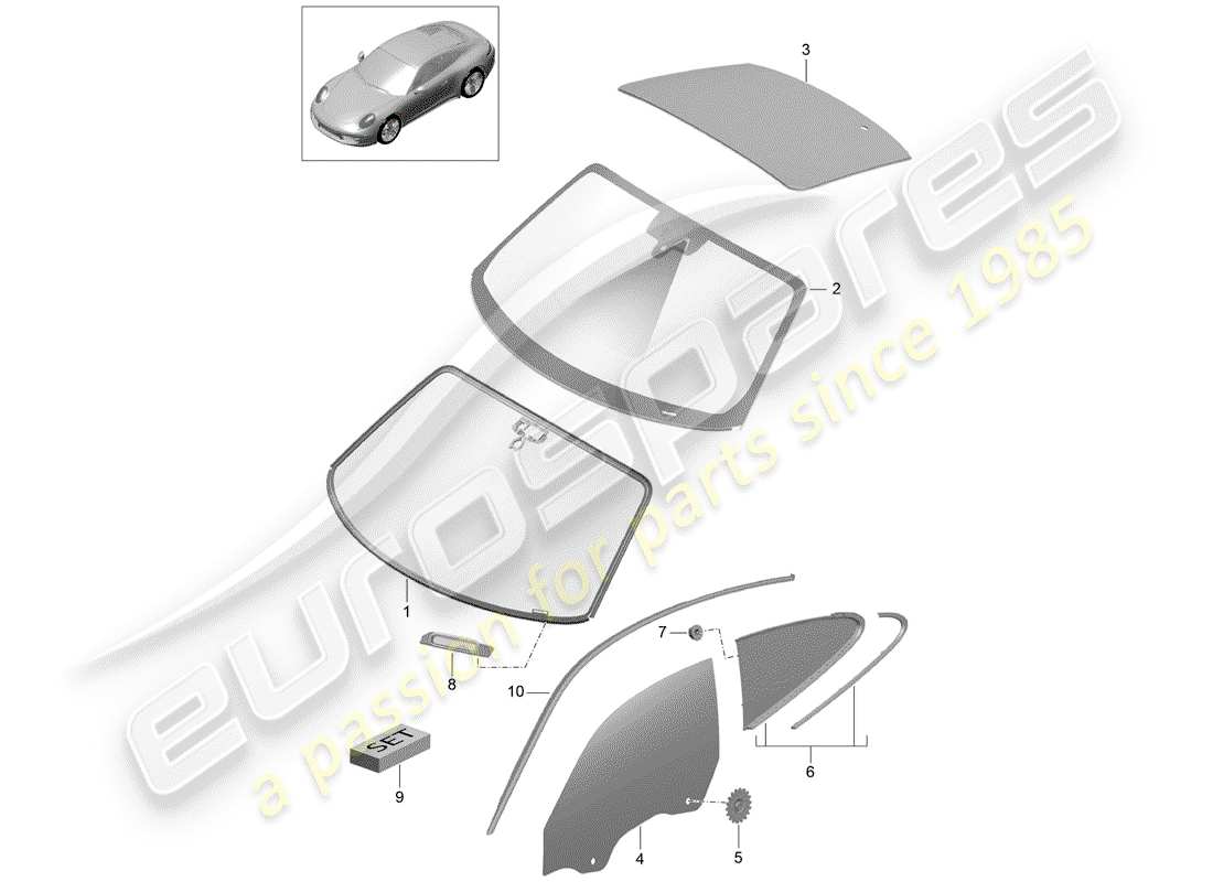 porsche 2016 (991-1) windscreen side window rear window parts diagram
