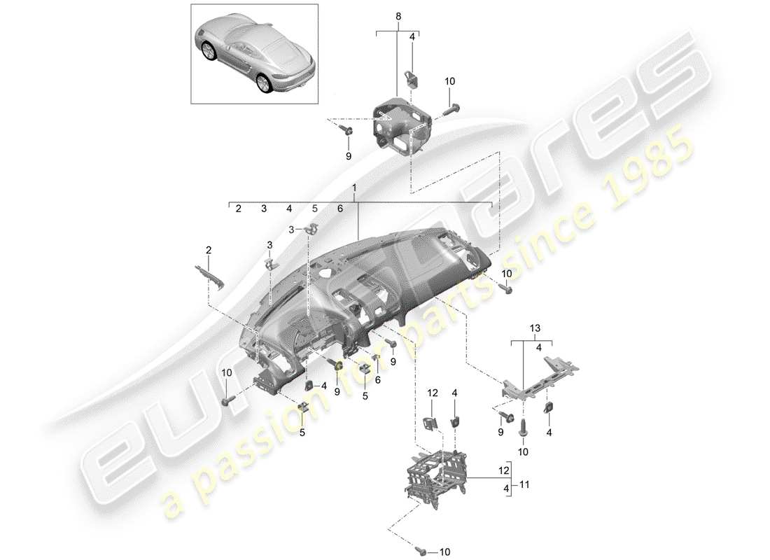 porsche 2020 (718 cayman) instrument panel trim upper part with: fasteners part diagram