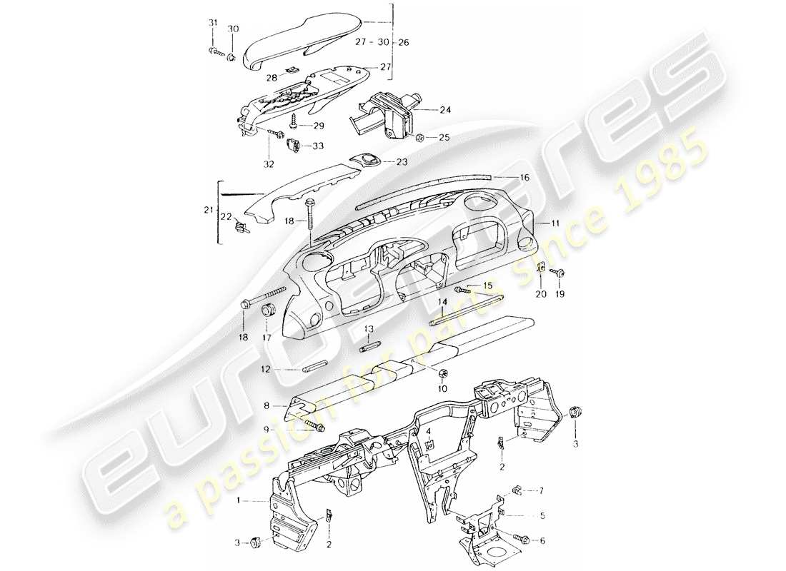porsche 2001 (986 boxster) instrument panel trim with: retaining frame parts diagram