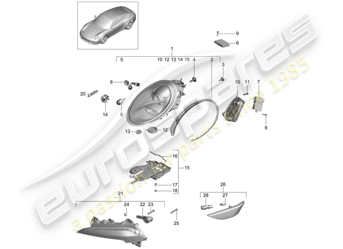 porsche 2016 (991-1) headlights additional headlight turn signal indicator side marker light turn signal repeater parts diagram