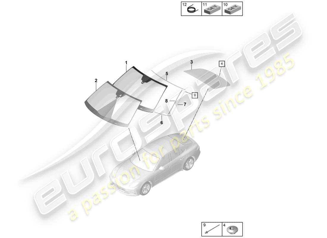 porsche 2019 (panamera 971-1) windscreen rear window part diagram