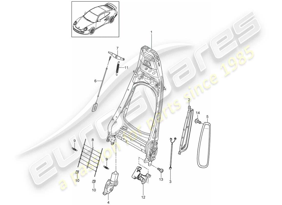 porsche 2012 (997-2 turbo / gt2 rs) backrest frame parts diagram