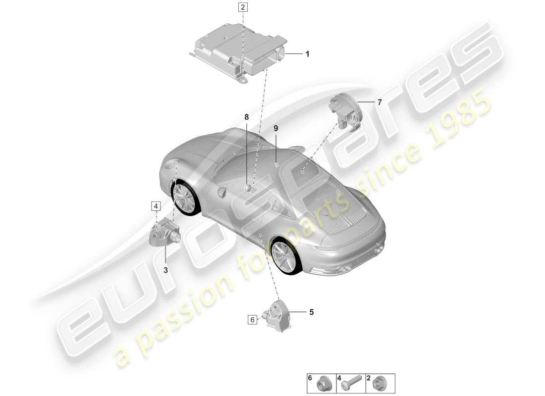 porsche 2019 (992-1) control unit for airbag crash sensor for airbag part diagram
