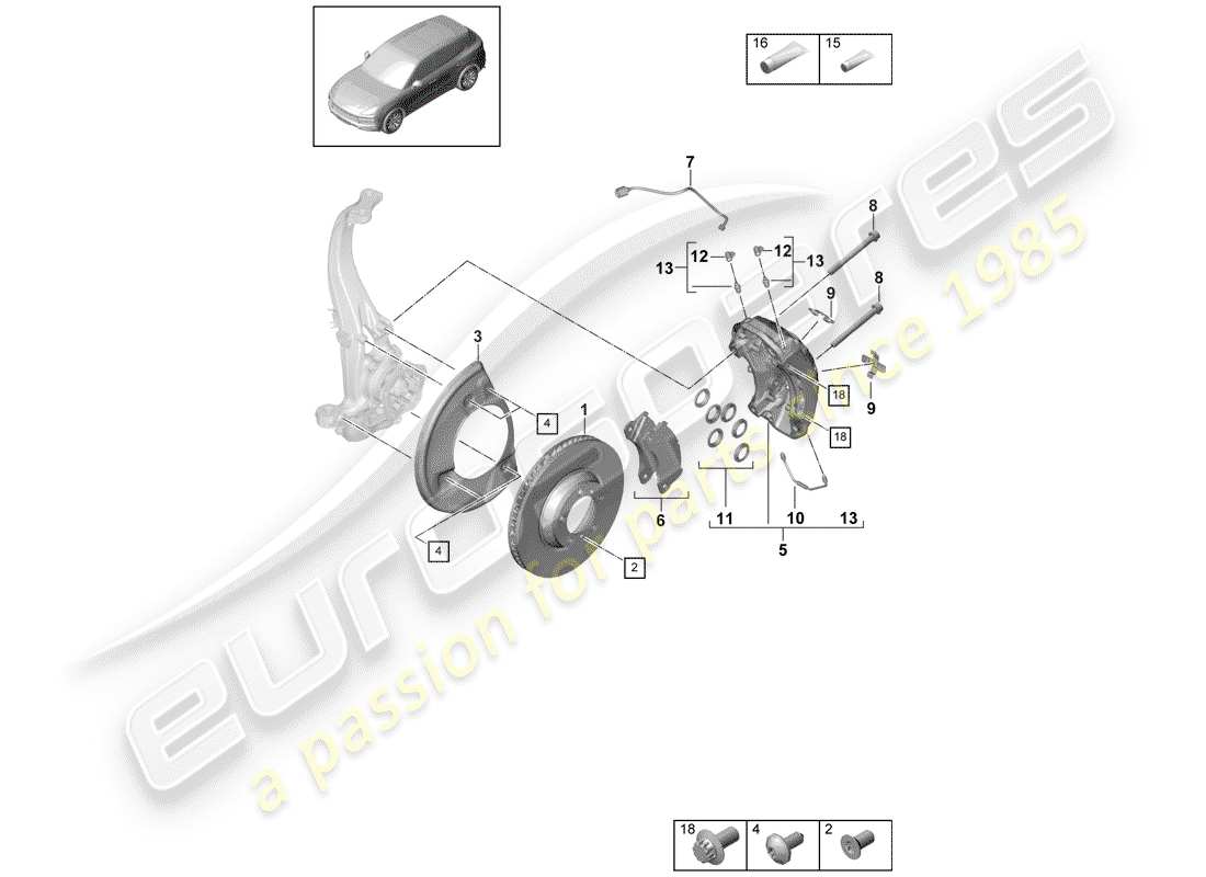 porsche 2019 (cayenne e3 9ya/9yb) disc brake 19 front axle parts diagram