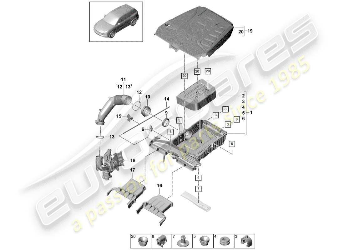 porsche 2019 (cayenne e3 9ya/9yb) air filter with connecting parts engine cover parts diagram