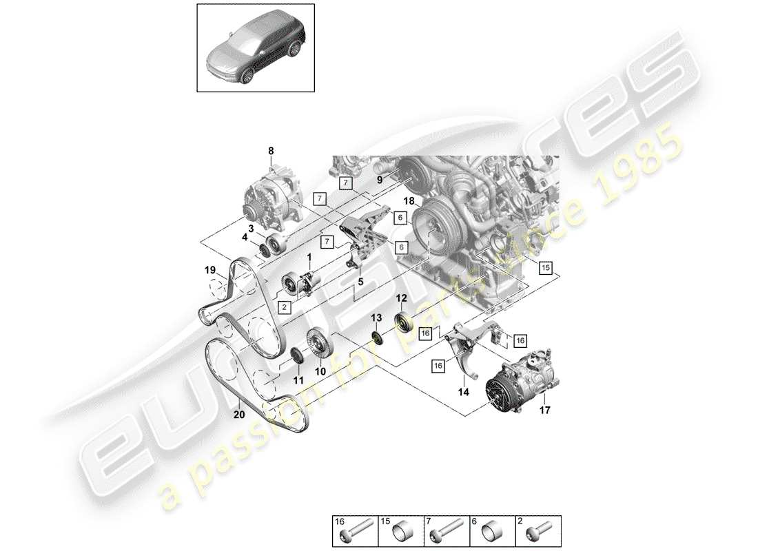 porsche 2019 (cayenne e3 9ya/9yb) poly-v-belt belt tensioner damper parts diagram