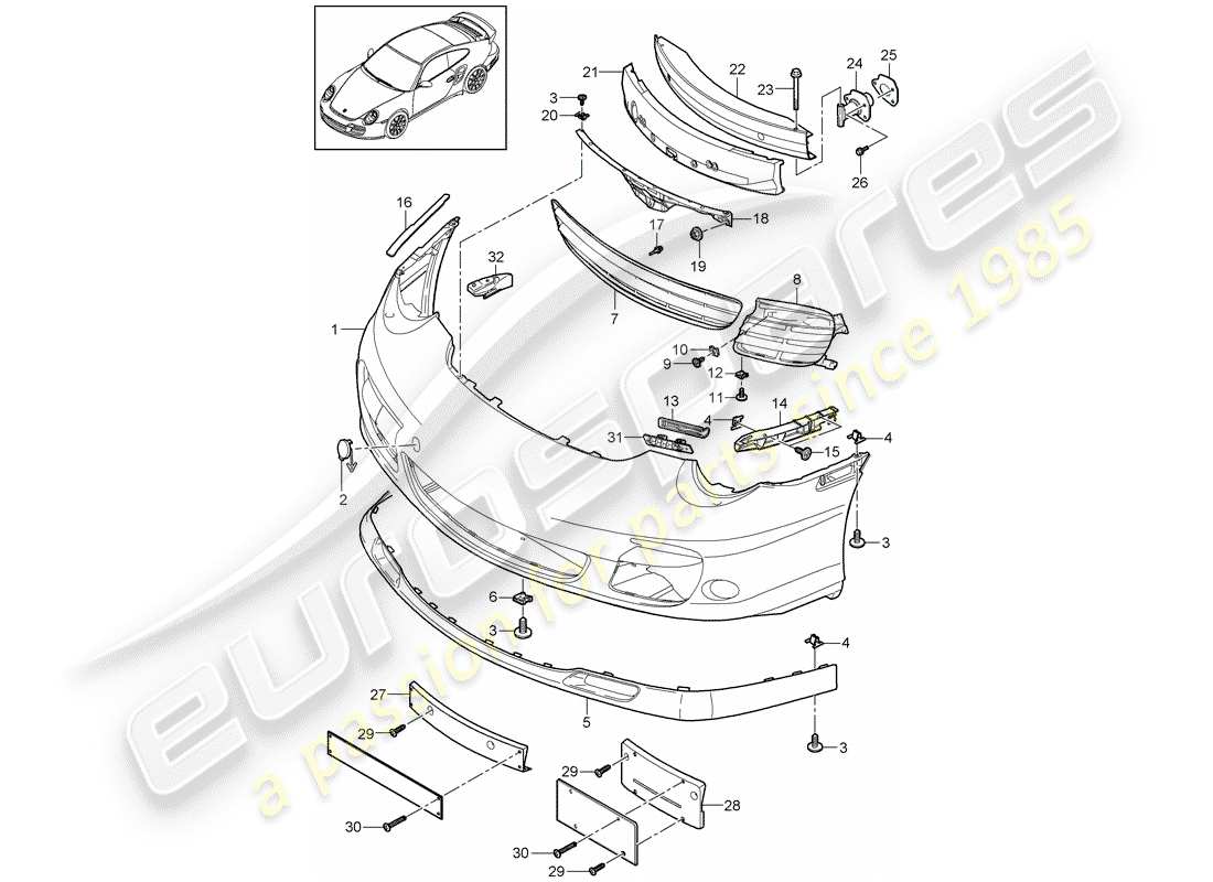 porsche 2011 (997-2 turbo / gt2 rs) bumper parts diagram