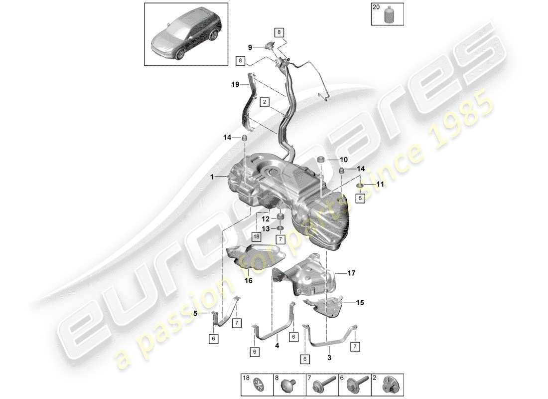 porsche 2020 (cayenne e3 9ya/9yb) fuel tank with attachments part diagram
