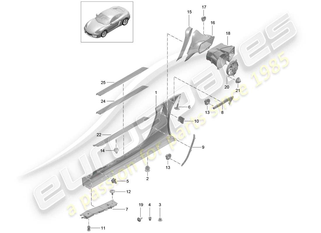 porsche 2015 (981 cayman) side member trim and air guide fan engine bay part diagram