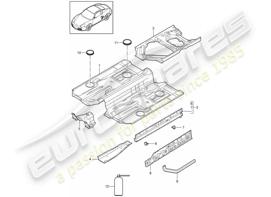 porsche 2009 (987 cayman) floor assembly center part diagram