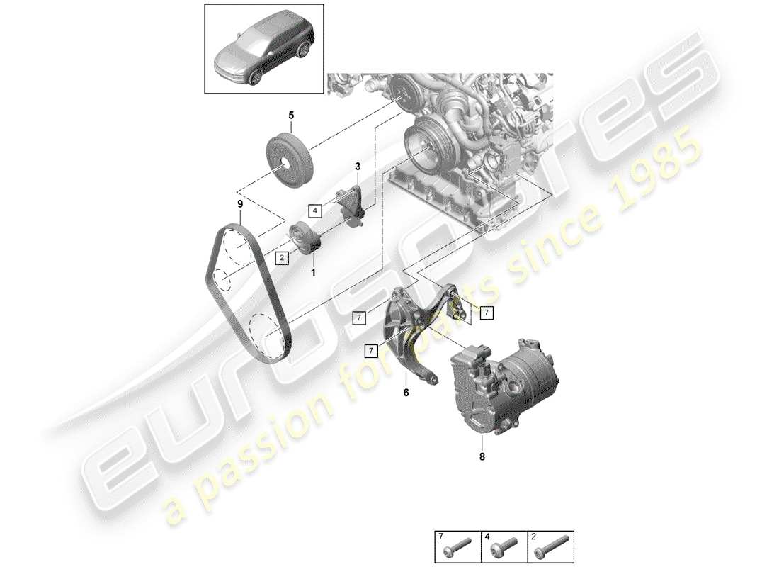 porsche 2018 (cayenne e3 9ya/9yb) poly-v-belt belt tensioner damper parts diagram