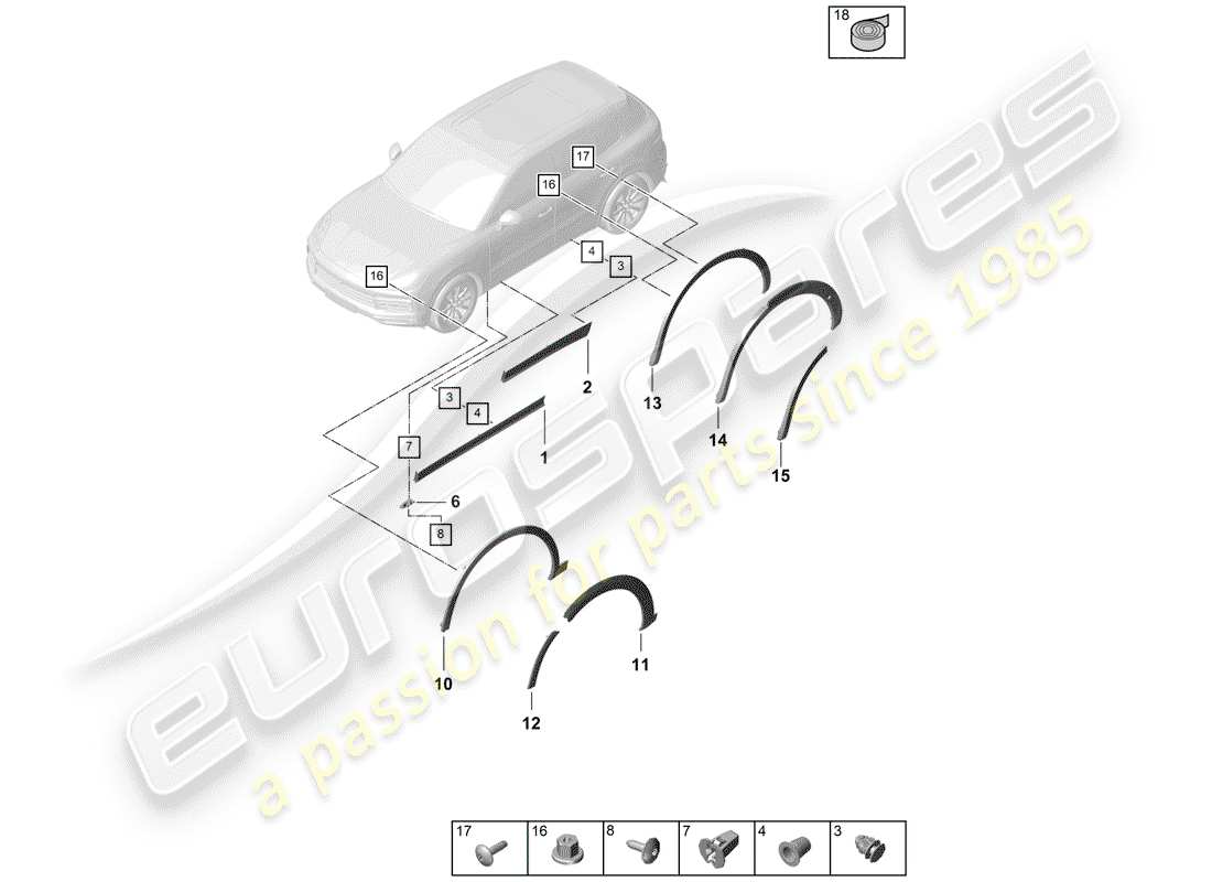 porsche 2018 (cayenne e3 9ya/9yb) wheel arch cover lower outer parts diagram