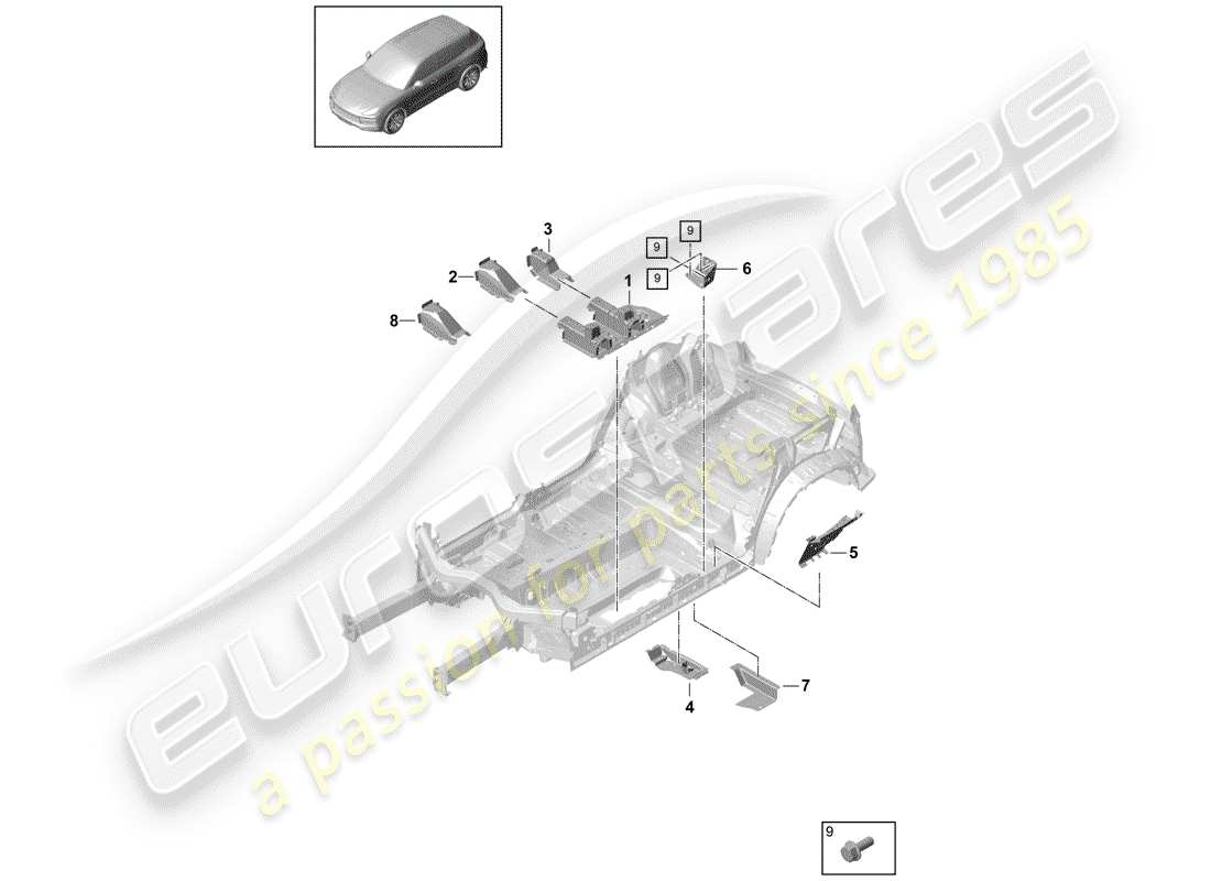 porsche 2018 (cayenne e3 9ya/9yb) floor plates center seat support parts diagram