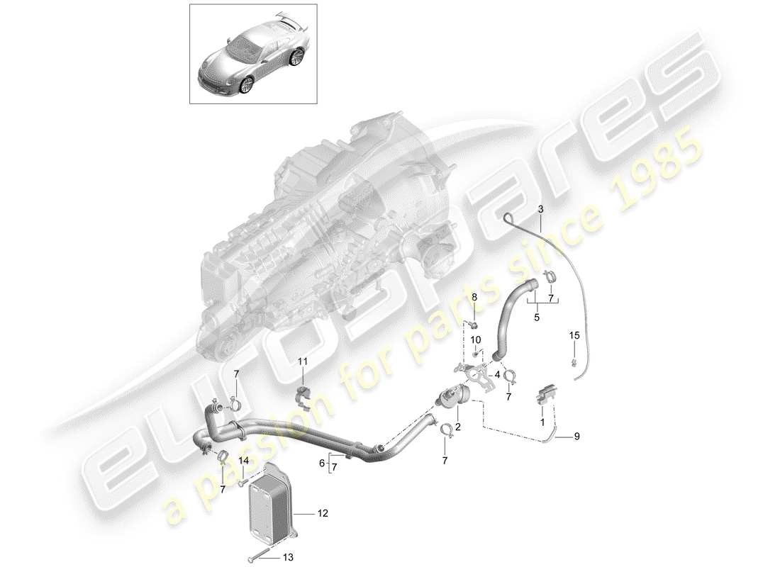 porsche 2015 (991-1 r/gt3/rs) manual gearbox heat exchanger oil pipe water pipe part diagram
