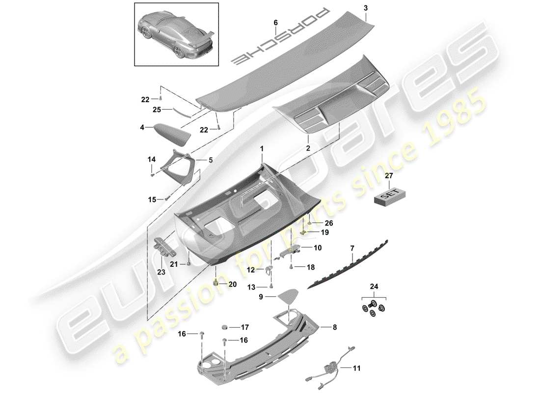 porsche 2015 (991-1 r/gt3/rs) rear lid rear spoiler accessories d - mj 2018>> part diagram