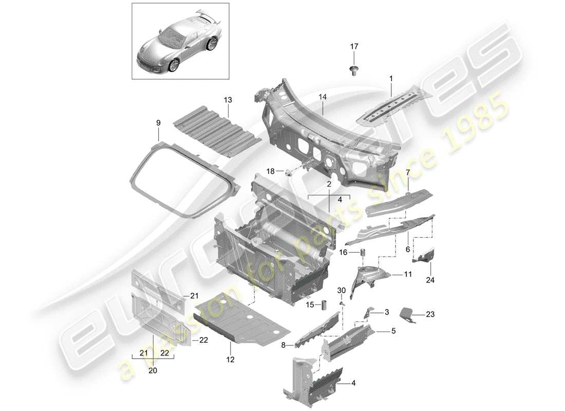 porsche 2016 (991-1 r/gt3/rs) front end individual parts part diagram
