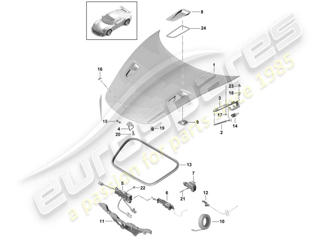 porsche 2014 (991-1 r/gt3/rs) bonnet front part diagram