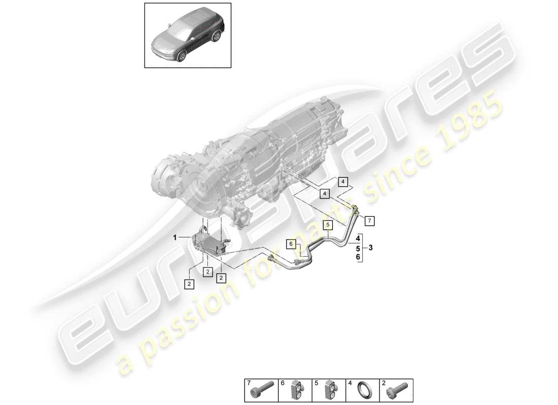 porsche 2019 (cayenne e3 9ya/9yb) 8-speed automatic gearbox for vehicles with hybrid drive gear oil cooler oil pipe parts diagram