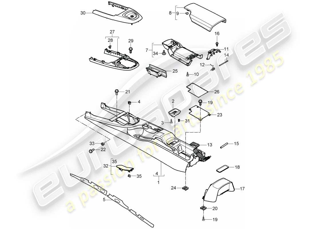 porsche 2010 (997-2) center console parts diagram