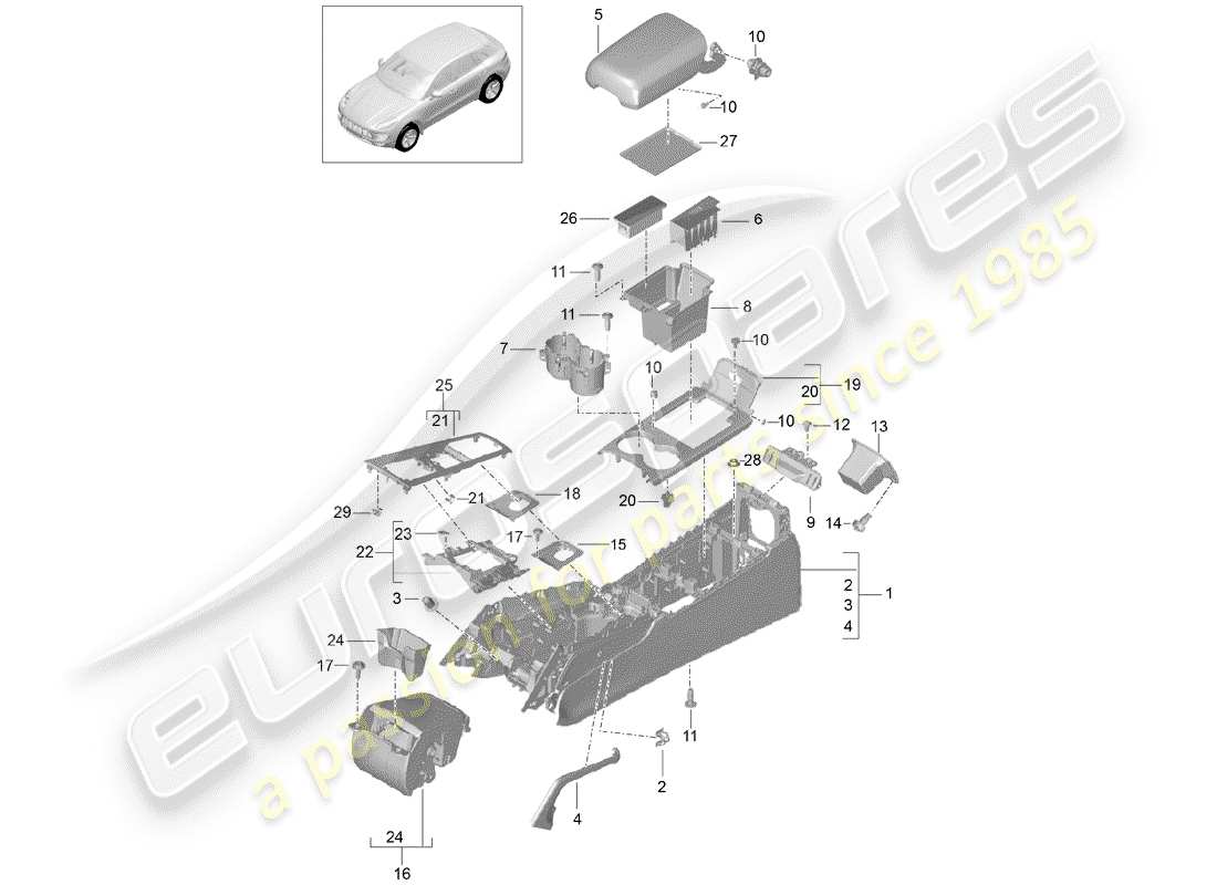 porsche macan (2015) center console parts diagram