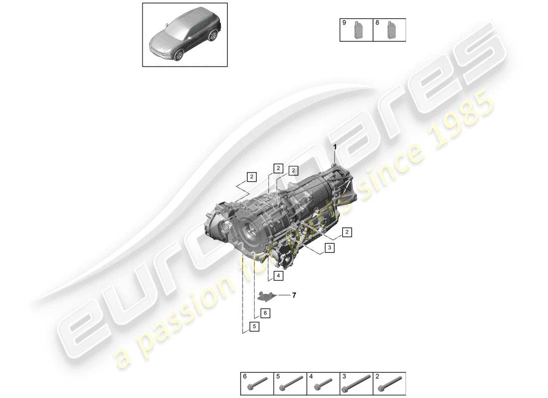 porsche 2020 (cayenne e3 9ya/9yb) 8-speed automatic gearbox for four-wheel drive mounting parts for engine and transmission part diagram