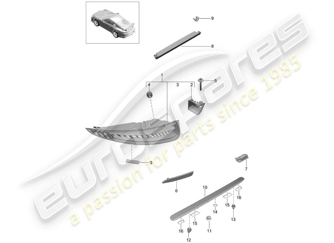 porsche 2016 (991-1 r/gt3/rs) rear light licence plate light additional brake light d - mj 2018>> part diagram