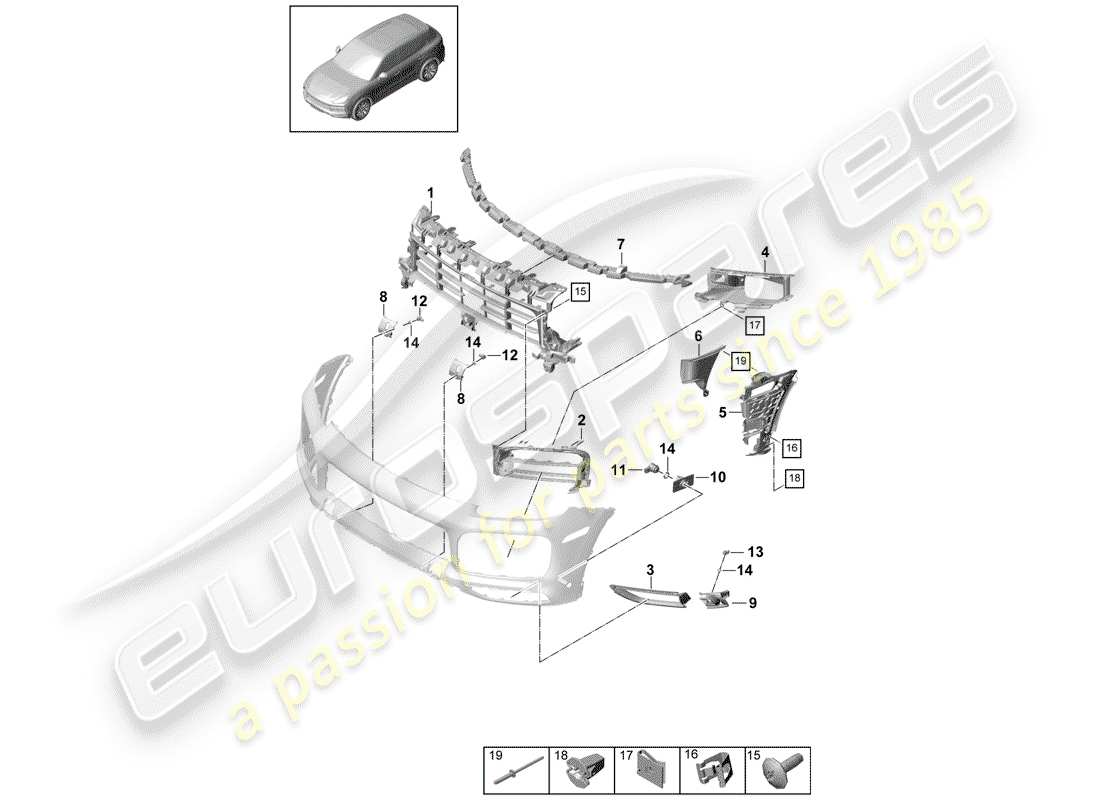 porsche 2020 (cayenne e3 9ya/9yb) bumper front individual parts turbo and fasteners sport design package part diagram
