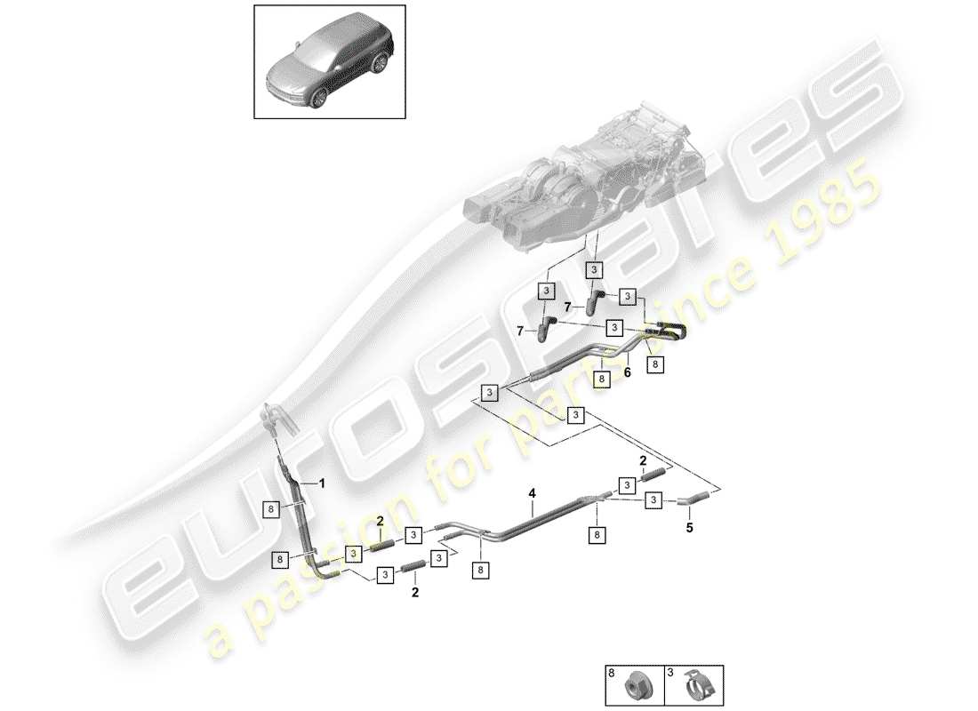 porsche 2018 (cayenne e3 9ya/9yb) coolant pipe underbody parts diagram