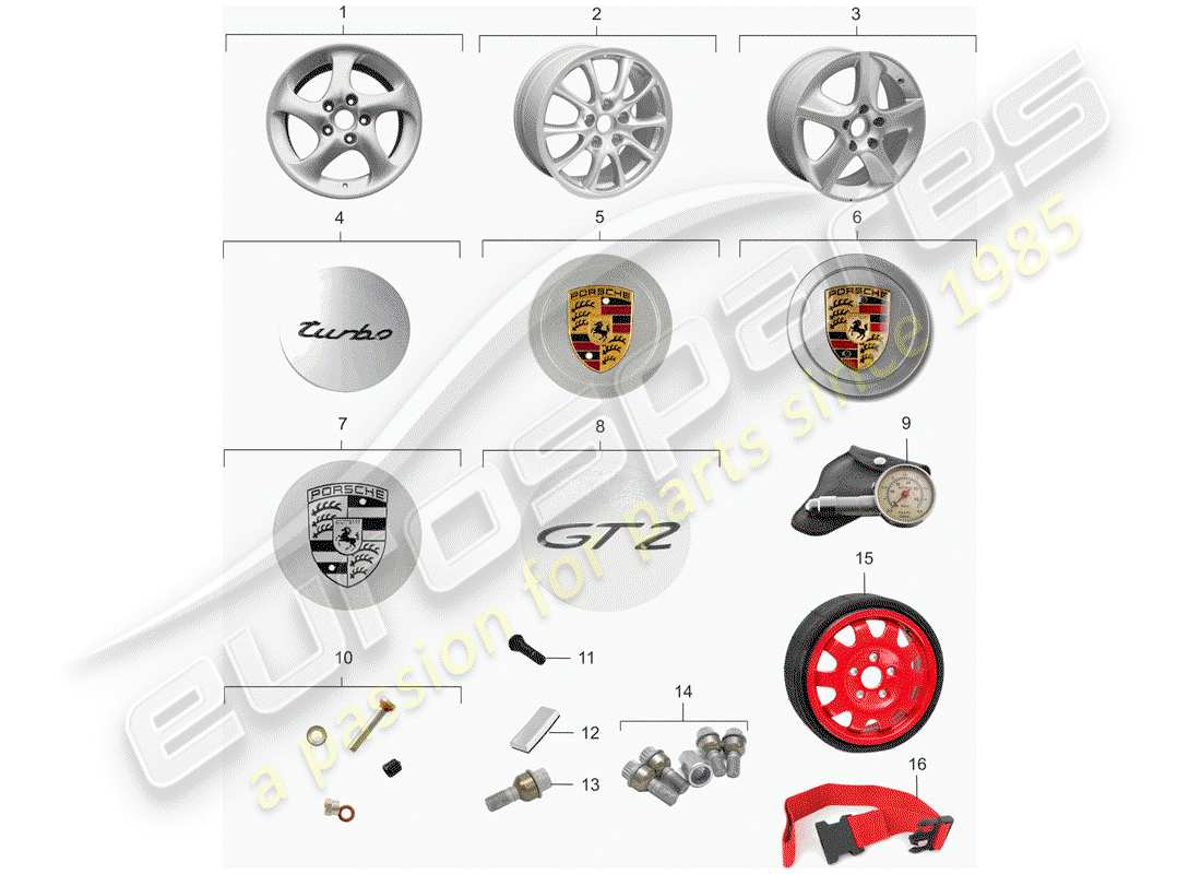 porsche 2004 (996 turbo / gt2) wheels part diagram