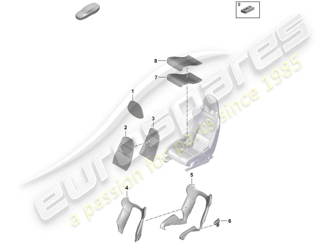 porsche 2019 (718 boxster spyder) foam part backrest cover seat cover bucket seat part diagram