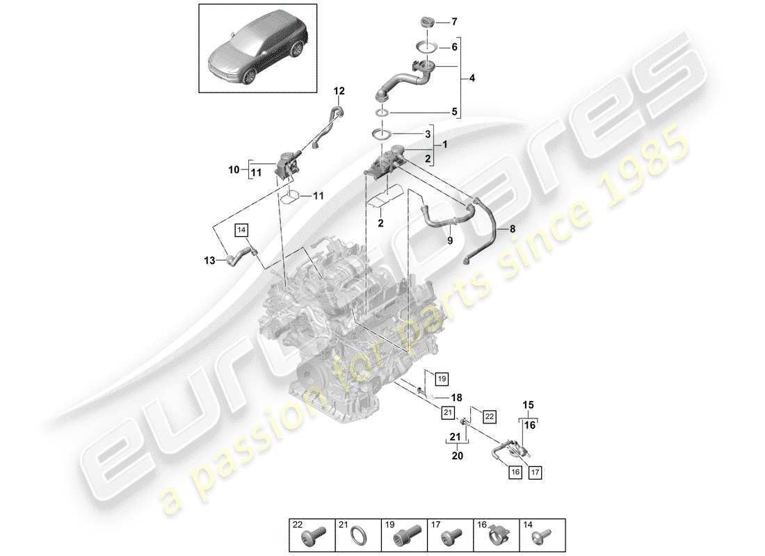 porsche 2018 (cayenne e3 9ya/9yb) ventilation for cylinder block oil separator parts diagram