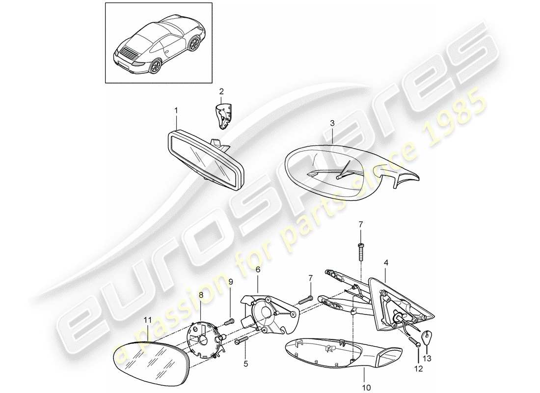 porsche 2011 (997-2) rear view mirror inner parts diagram