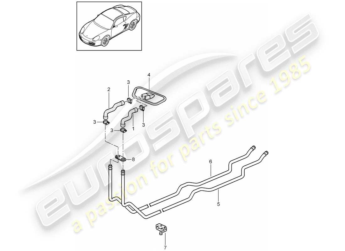 porsche 2008 (987 cayman) heater 1 supply pipe return line part diagram