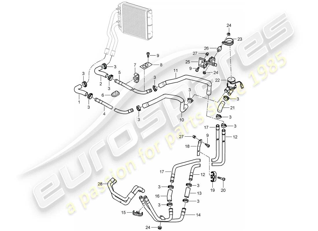 porsche 2009 (cayenne e1 9pa) heater supply pipe return line parts diagram