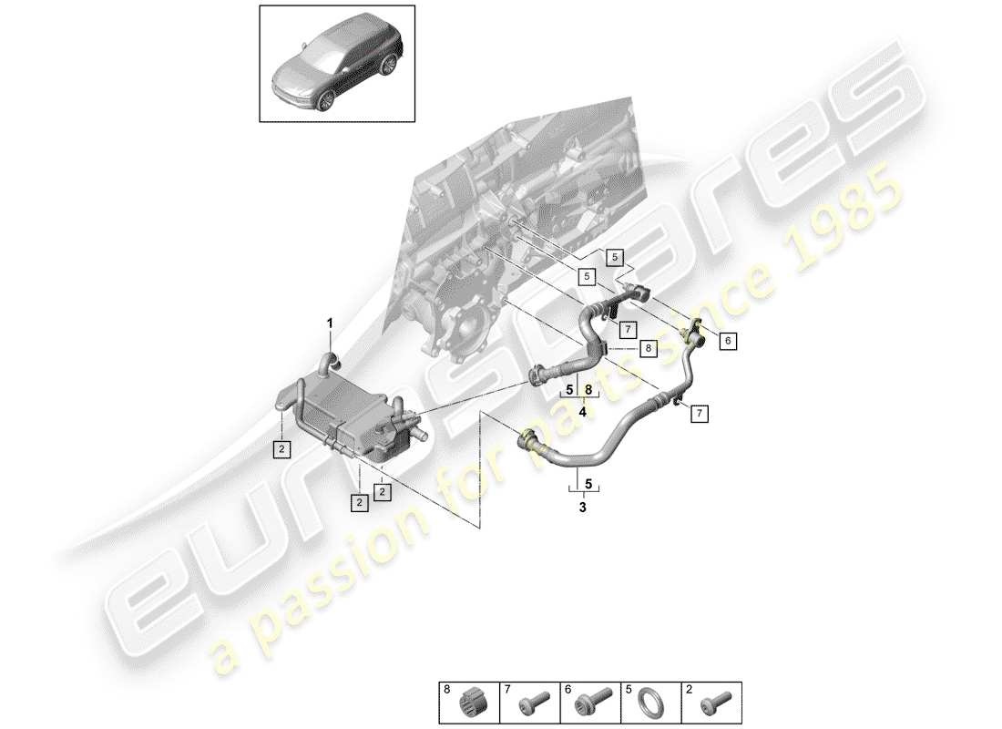 porsche 2019 (cayenne e3 9ya/9yb) 8-speed automatic gearbox for four-wheel drive gear oil cooler oil pipe parts diagram