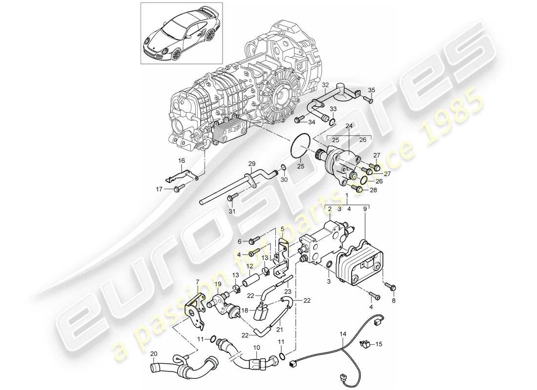 porsche 911 t/gt2rs (2011) gear oil cooler parts diagram