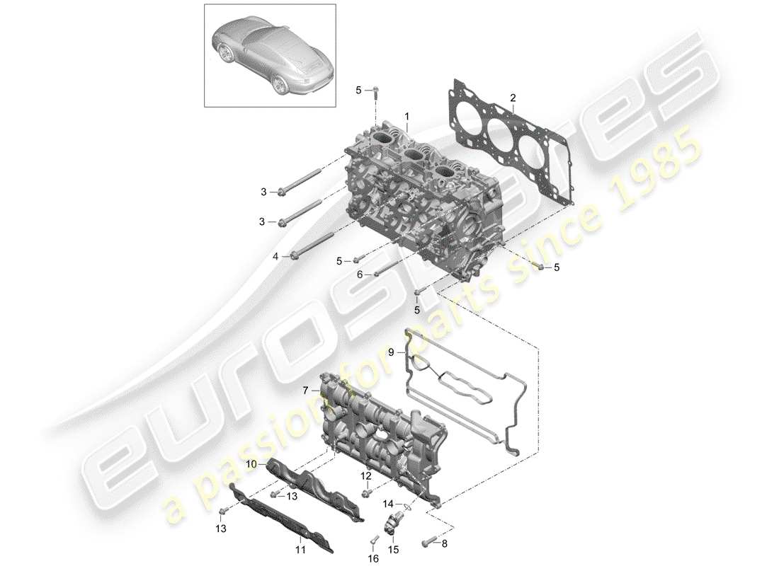 porsche 2014 (991-1) cylinder head with: valve unit cylinder head gasket valve cover parts diagram