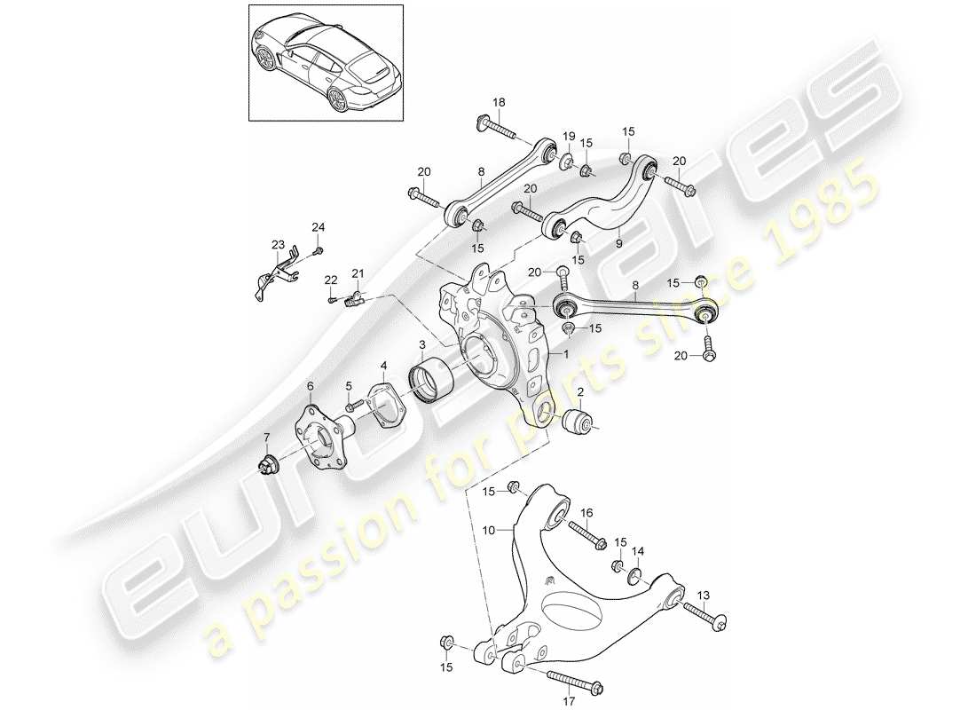 porsche 2014 (panamera 970) rear axle wheel carrier wishbone track rod wheel hub stone chip guard part diagram