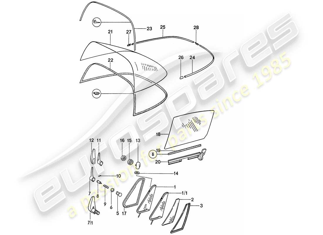 porsche 1974 (911) window glazing part diagram