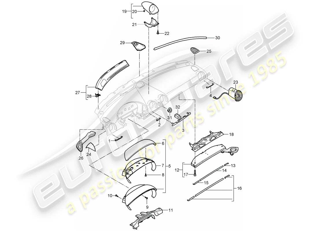 porsche 2007 (987 boxster) instrument panel trim upper part with: accessories parts diagram